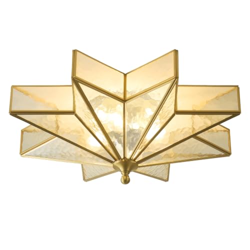 Star Brass Vintage Ceiling Light - 19.7 in Gold Flush Mount Fixture - color: Brass(Gold)-Embossed Glass, size: 19.7 Inches
