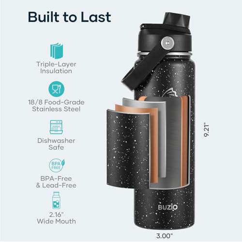 BUZIO 24 oz Insulated Water Bottle, Stainless Steel Wide Mouth Water Flask with Straw Lid, Cold for 48 Hrs Leak Proof Metal Hydro Thermo Canteen Mug, Starry Day & Night - color: Starry Day & Night, size: 24 Ounces