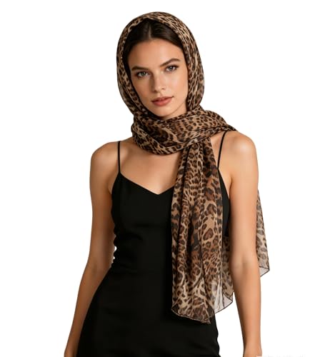 Leopard Print Long Scarf for Women – Lightweight Chiffon Cheetah Shawl Neck Scarf Soft Animal Print Scarves Headscarf Wrap for Spring Summer Beach Travel