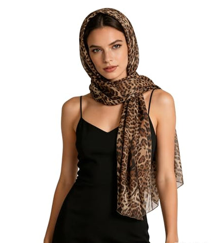 Leopard Print Long Scarf for Women – Lightweight Chiffon Cheetah Shawl Neck Scarf Soft Animal Print Scarves Headscarf Wrap for Spring Summer Beach Travel