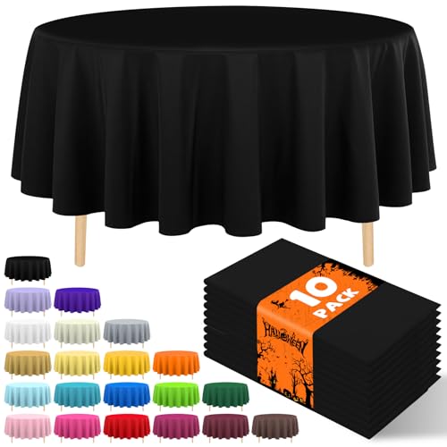 10 Pack Premium Disposable Plastic Tablecloth 84" Round Table Cover for Birthdays Weddings Christmas Anniversary Buffet Table (Black) - color: Black, size: 84" Round