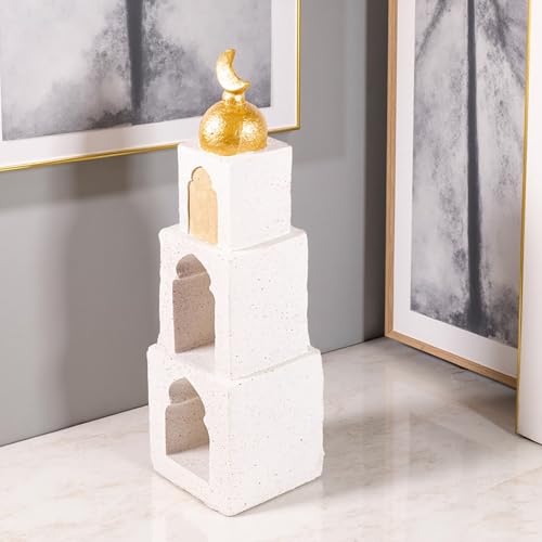 Decorative Mosque Tower with Gold Dome, Hand Painted,White and Gold - color: Mosque Tower Dome Statue