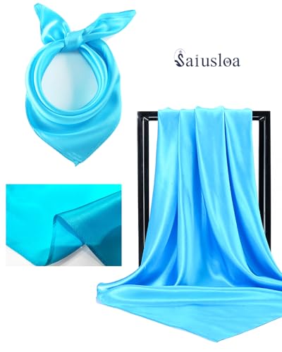 Saiusloa Solid Color Neck Scarf For Women Square Satin Head Scarves headband Bandanas 23.6× 23.6 inches - color: 4-sky Blue