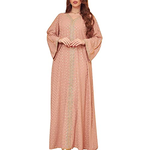 FPOVFPO Women's Muslim Abaya One-Piece V Neck Bronzing Dress Islamic Full Length Kaftan Daily Casual - color: Pink, size: XX-Large