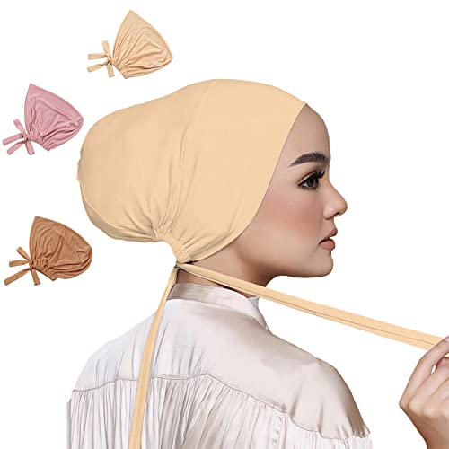 3PCS Under Hijab Head Cap Muslim Under Scarf Hijab Solid Color Women Under Scarf Hat Stretchy Sleeping Cap - color: Camel,beige,pink