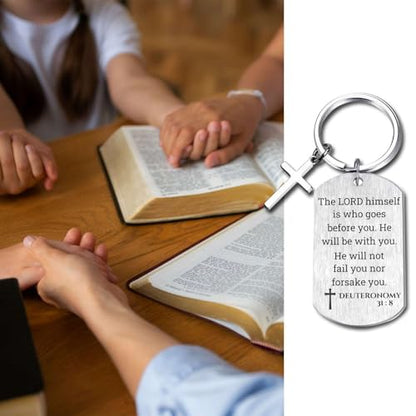 Inspirational Scripture Keychain with Cross - Bible Verse Matte Key Chain Religious Gift for Christian - style: Deuteronomy 31:8