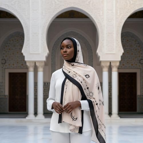 Hijab Modest and Elegant | Beautifully Designed Printed Chiffon Patterns | Muslim Women Head Scarf and Veil - color: Beige