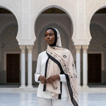 Hijab Modest and Elegant | Beautifully Designed Printed Chiffon Patterns | Muslim Women Head Scarf and Veil - color: Beige