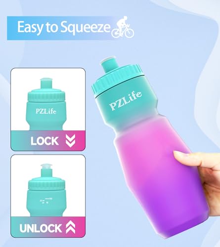 24oz Bike Squeeze Water Bottle, BPA Free Cycling Water Bottle,Leakproof, with Capacity Scale w/Pull Top Lid, Reusable Sport Water Bottle, for Bicycle, Gym,Running - color: y-Blue+Purple