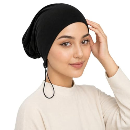 Women's Adjustable Elastic Drawstring Hijab Undercap, Soft Stretchy Jersey Underscarf Hijab Liner Hat - color: Black