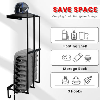 Camping Chairs Storage for Garage - Metal Camping Chair Wall Holder for Garage Organization, Camping Chair Storage Racks with 3 Hooks, Beach Chair Umbrella Wall Storage Rack - size: 12IN