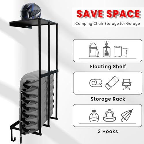 Camping Chairs Storage for Garage - Metal Camping Chair Wall Holder for Garage Organization, Camping Chair Storage Racks with 3 Hooks, Beach Chair Umbrella Wall Storage Rack - size: 17IN