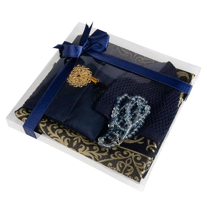 Islamic Prayer Gift Set for Men – Velvet Prayer Mat, Tasbih Beads, Yaseen Book – Muslim Prayer Essentials – Ramadan Eid Gift - color: Dark Blue