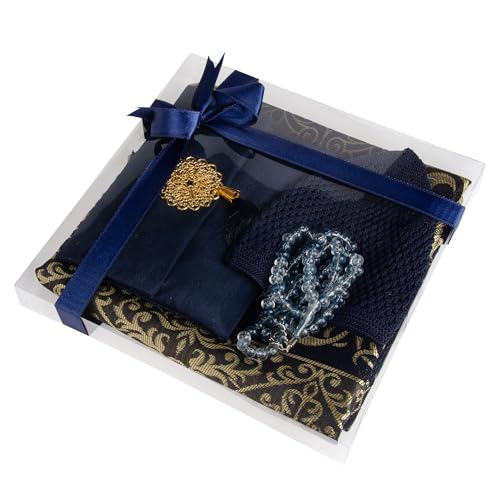 Islamic Prayer Gift Set for Men – Velvet Prayer Mat, Tasbih Beads, Yaseen Book – Muslim Prayer Essentials – Ramadan Eid Gift - color: Dark Blue