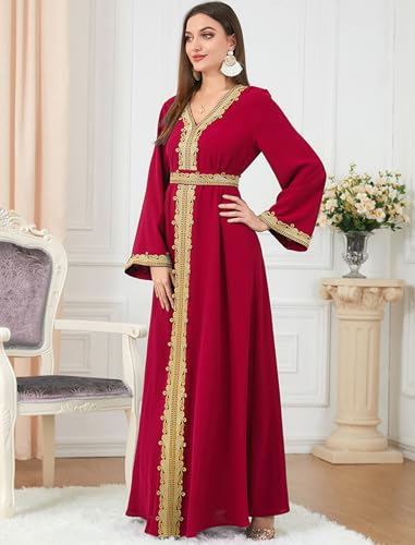 FYMNSI Women Muslim Abaya Dress Islamic Dubai Modest Lace Belted Dress Abayas Kaftan Eid Prayer Clothes Arabian Maxi Robe - color: Red, size: X-Large
