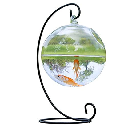 Desk Hanging Fish for Tank Bowl for Flower Plant Vase Ball Glass Clear Round Shape Save Space Convenie Desk Bowl with Stand - color: black