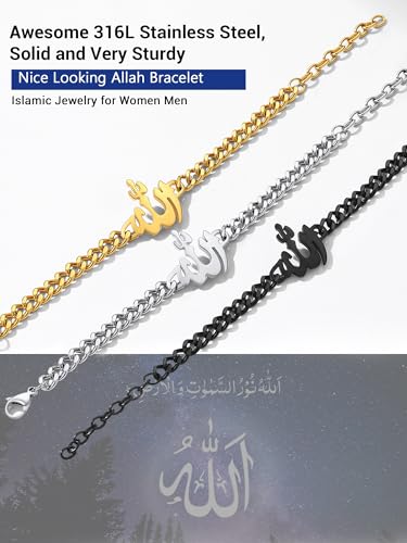 PROSTEEL Allah Bracelet, Muslim Islamic Jewelry Religious Islam Arabic God Charm Stainless Steel Beads Chain Bracelet, fits wrist from 5.9'' to 7.9'', Come with Box - color: 02 silver-cuban chain