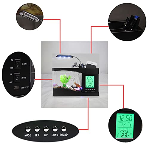 Mini Fish , Multifunctional USB Rechargeable Fish Desktop Electronic Aquarium with Clock Function LED Light Pen Holder for Office, Home