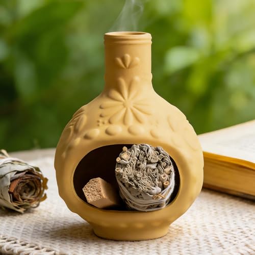 MOUGIGI Handmade Ceramic Palo Santo Burner&Incense Holder-Mini Chimenea Dish for Sage Sticks,Copal,and Meditation Decor-Natural Clay Smudge Pot with Aromatic Design,Anxiety Relief Gifts for Women - color: Embossed Flower Yellow