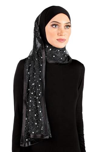 Stylish Mona Hijab Women's Black Kuwaiti with Chiffon Wrap Shawl & Satin Trim - color: Black With Silver Stars