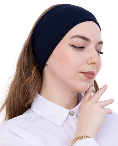 Prien Women Cotton Hijab Cap, Stretchy Head Cover, Pre-Sewn Inner Muslim Scarf Undercap, Non Slip Headband for Daily Wear - color: Navy Blue