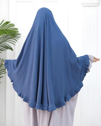 Muslim Prayer Hijab Solid Color Ruffled Head Scarf Women Islamic Head Cover Khimar - color: Foggy Blue