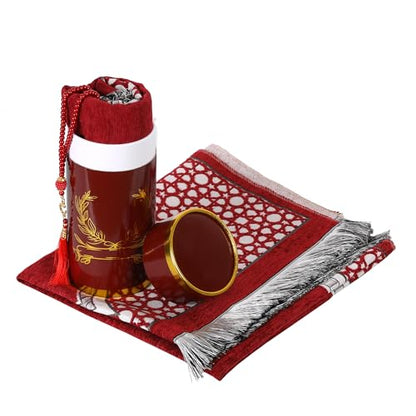 Islamic Prayer Rug Elegant Masjid Pattern Thin Mat Muslim Portable Blanket with Beads Ramadan Eid Gift Rug Turkish Prayer Carpet - color: Setc Red