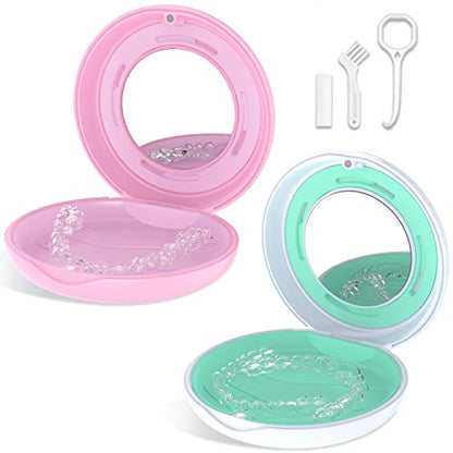 2PCS Retainer Case with Mirror and Adjustable Vent Holes, Cute Slim Aligner Case Compatible with Invisalign, Night Mouth Guard Case, With Retainer Remover Tool, Chew & Brush, White+Pink - color: Round: White+Pink