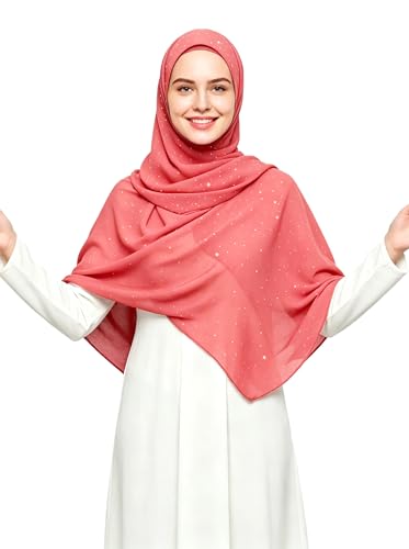 Lina & Lily Sparkle Shimmer Gold Glitter Women's Chiffon Hijab Head Scarf Shawl Wrap Lightweight - color: Coral