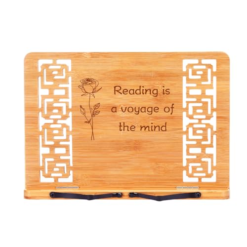 MEGREZ Book Stand for Reading (13.2 x 9.4 inch) Bamboo Cookbook Stand Holder for Kitchen, Adjustable Book Holder Stand for Tablet/Textbook Holder/Hollow Bookrest Stand,Reading is A Voyage of The Mind - color: Reading is a Voyage of the Mind