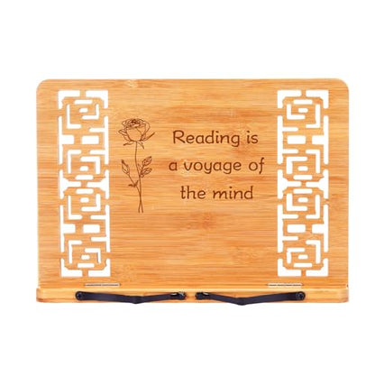 MEGREZ Book Stand for Reading (13.2 x 9.4 inch) Bamboo Cookbook Stand Holder for Kitchen, Adjustable Book Holder Stand for Tablet/Textbook Holder/Hollow Bookrest Stand,Reading is A Voyage of The Mind - color: Reading is a Voyage of the Mind