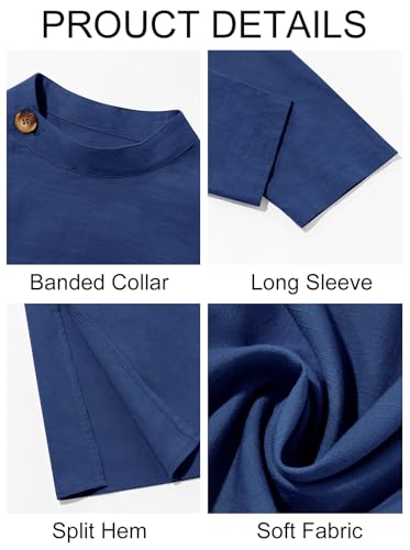 Runcati Mens Kaftan Thobe Button Down Long Sleeve Robe Casual Henley Shirt Cotton Muslim Gown Kurta Tops - color: Navy, size: X-Large