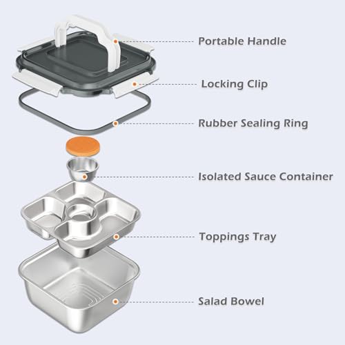 Salad Container for Lunch: 64oz Salad Bowl with Included Spork, 4-Section Bento Tray & Sauce Pot - color: White