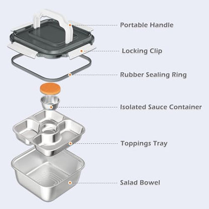 Salad Container for Lunch: 64oz Salad Bowl with Included Spork, 4-Section Bento Tray & Sauce Pot - color: White