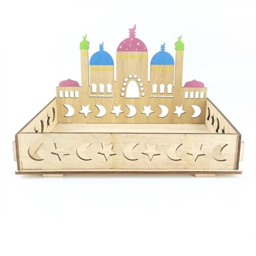 KYMY Ramadan Eid Mubarak Dessert Tray, Wooden Crescent Moon Mosque Serving Platter, Islamic Muslim Arabic Dessert Snacks Sweets Centerpiece Tray for Ramadan Eid Home Party Supplies Decorations