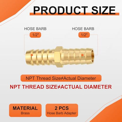 2 Pack Brass Hose Barb to Adapter with 4Pcs Stainless Steel Hose Clamp, 1/2" Barb x 1/2" for Industrial, Automotive, Fluid, Home Gardening, and Water Treatment - size: 1/2" Barb To 1/2" with Hose Clamp