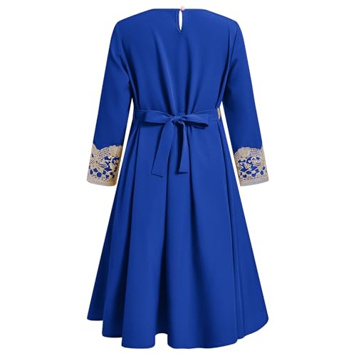 FYMNSI Kids Girls Muslim Abaya Dress Modest Lace Belted Prayer Dress Islamic Maxi Robe Kaftan Ramadan Arabian Dubai Clothes - color: Royal Blue, size: 12-13 Years