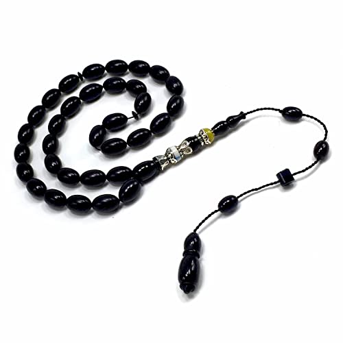 EXCLUSIVE COLLECTION -Handmade Silver Engraved Bakelite Tesbih, Tasbih, Islamic Rosary, Islamic Prayer Beads, Misbaha (7x11 mm 33 Black Rice Beads) - color: 7x11 mm 33 Black Rice Beads
