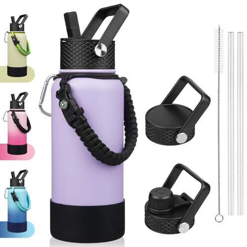 BJPKPK 32oz Insulated Water Bottle with 3 Lids, Straw Lid & Handle - color: Lavender, size: 32 Ounces