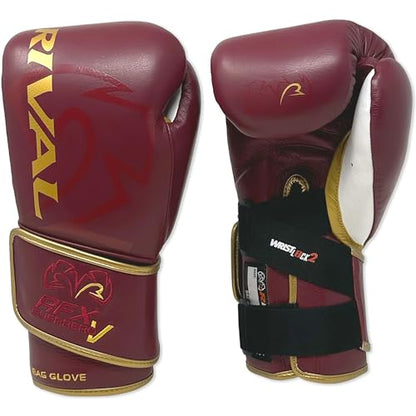 RIVAL Boxing RFX-Guerrero-V Bag Gloves, Multi-Layered Inner Foam Padding (HDEF), Premium Leather, Wrist Lock 2 System - color: Burgundy/Gold, size: 10 oz.