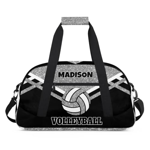 Custom Name Sports Volleyball Duffel Bag, Silver Black Glitters Personalized Sport Gym Duffel Cheerleading Bag Travel Weekender Tote Carry-On Bag - color: Silver Black