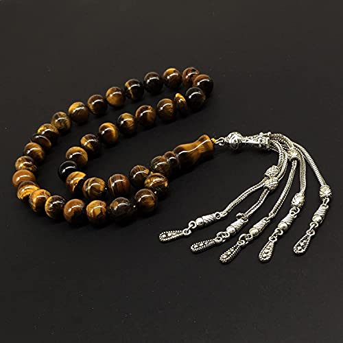 Big Prayer Beads-Worry Beads-Tesbih-Tasbih-Tasbeeh-Misbaha-Masbaha-Subha-Sebha-Sibha-Rosary (-Tiger Eye Natural Stone with Metal Tassel -10mm-33 Beads-) - color: Big Beads with Metal Tassel -10mm-33 Beads-