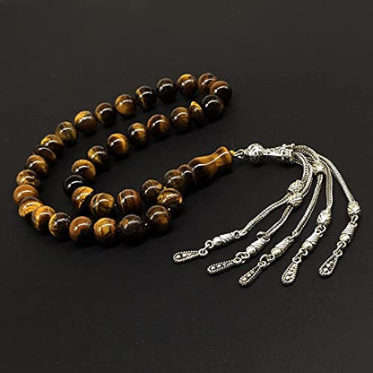 Big Prayer Beads-Worry Beads-Tesbih-Tasbih-Tasbeeh-Misbaha-Masbaha-Subha-Sebha-Sibha-Rosary (-Tiger Eye Natural Stone with Metal Tassel -10mm-33 Beads-) - color: Big Beads with Metal Tassel -10mm-33 Beads-