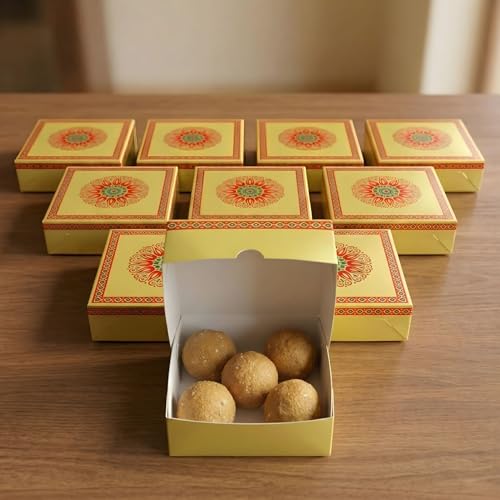 LOVENSPIRE Mandala Design Empty Sweet Boxes for Mithai, Ladoo, Cookies & Dry Fruits Treats – Small Cardboard Containers for Wedding, Pooja, Housewarming, & Indian Return Gift Packaging 250g (10 Pcs) - color: 250g, size: 1 count (Pack of 10)