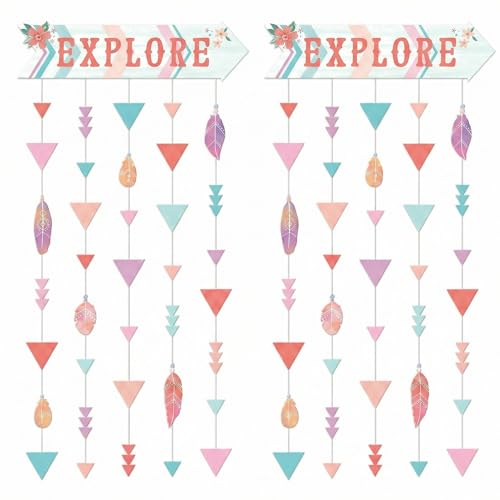 2 Pack Boho Door Curtain 3ft x 6.5ft – “Explore” Hanging Backdrop with Feathers & Arrow Design, Photo Background for Boho Baby Shower, First Birthday Party Decor - color: Free Spirit