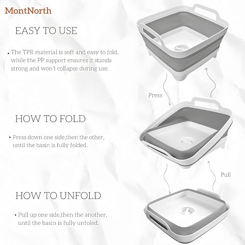 MontNorth Collapsible Wash Basin 9L, Foldable Dish Tub with Drain Plug, Portable Collapsible Dish Basin, Camping Sink for Washing Dishes, Laundry & Kitchen Use,Gray - color: Gray - Set of 1