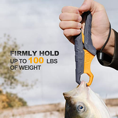 7.5'' Floating Fish Gripper, Fishing Grabber | Catfish Mouth Pliers, Caught Bass Holder, Fish Scale Hook Clamp, Saltwater Lip Grip Tool with Lanyard, Gifts for Men - color: Gray-yellow