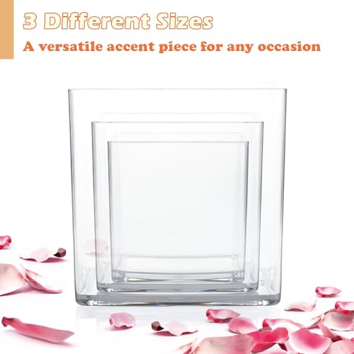 Acrylic Cube Vases Set of 3, Clear Square Vases, Shatterproof Flower Vase Decorative Centerpiece for Home, Wedding, 4”+5”+6”