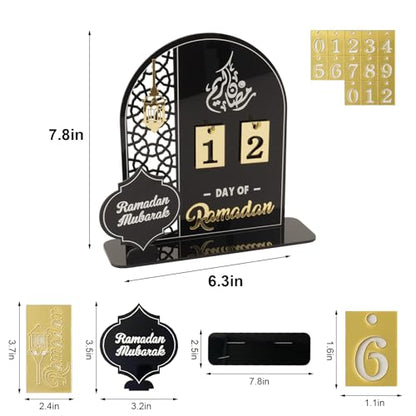 Acrylic Ramadan Countdown Calendar 2026, Black Eid Mubarak 30 Day Advent Calendar, Ramadans Decorations for Home, Indoor Islamic Table Stand Fireplace Office Desk Decor, Muslim Gifts for Kids