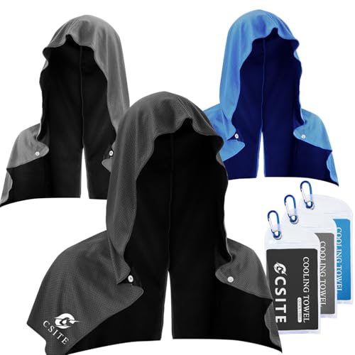 CSITE 3 Pack Cooling Hoodie Towels for Neck and Face, UPF 50 Sun Protection & Instant Cooling, Ice Towels for Hot Weather, Soft Breathable Towel for Sport, Work Out, Gym, Camping & More Activities - color: Black/Dark Gray/Light Blue